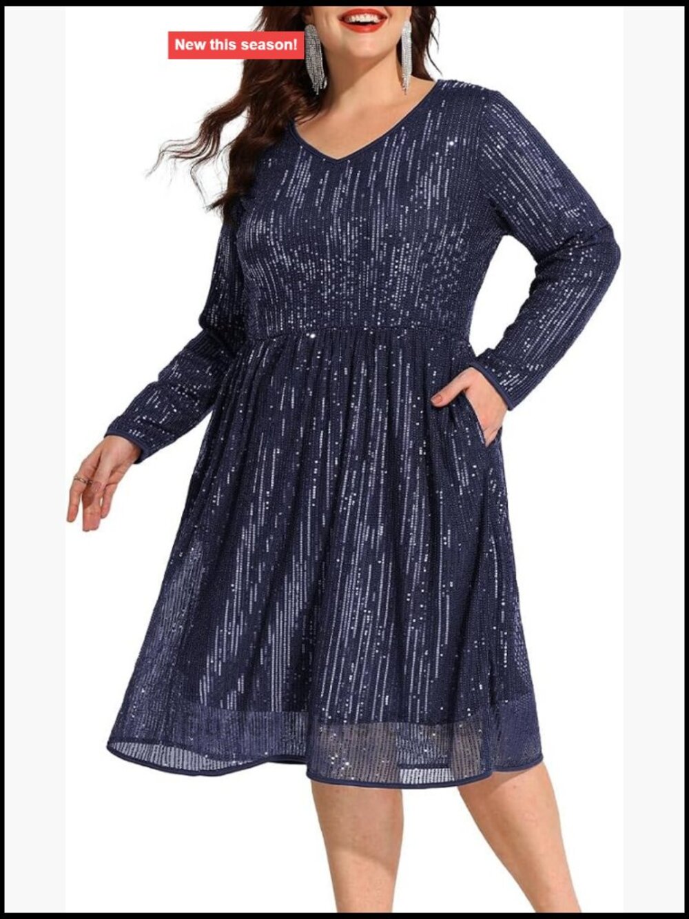 Plus Size Sequin Party Dress V-Neck Long Sleeve Club